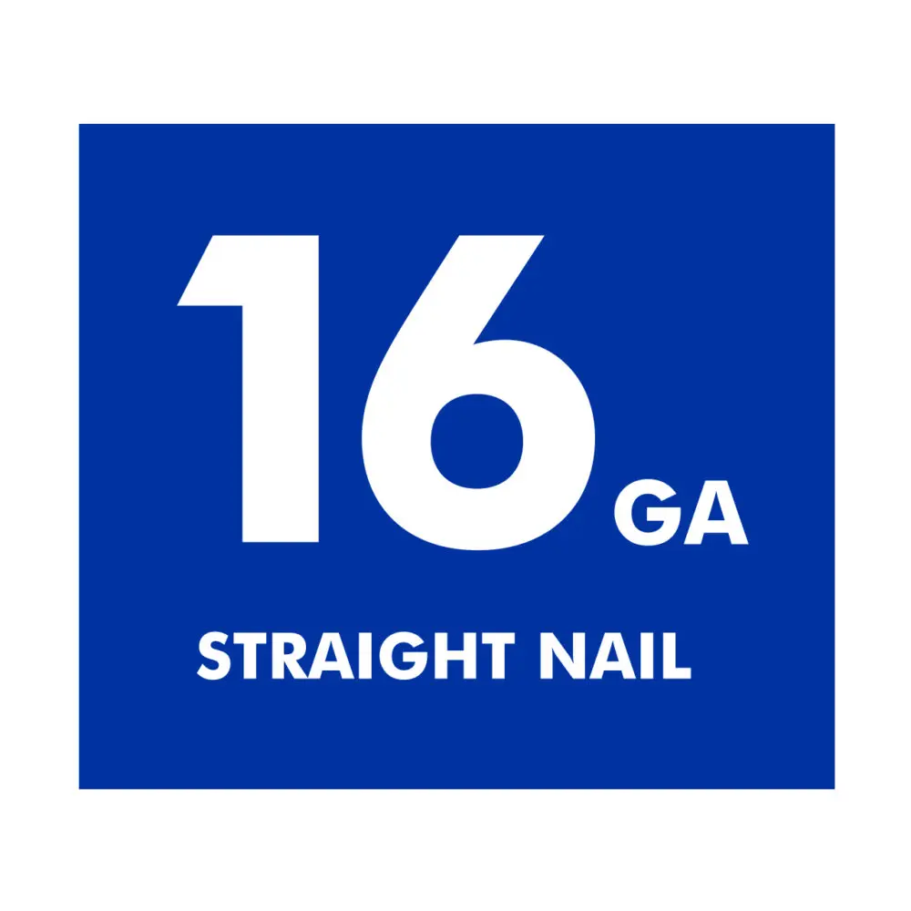 Graphic icon showing 16 gauge is the type of nail that can be shot with the air nailer, as an example of rich content for Home Depot's website
