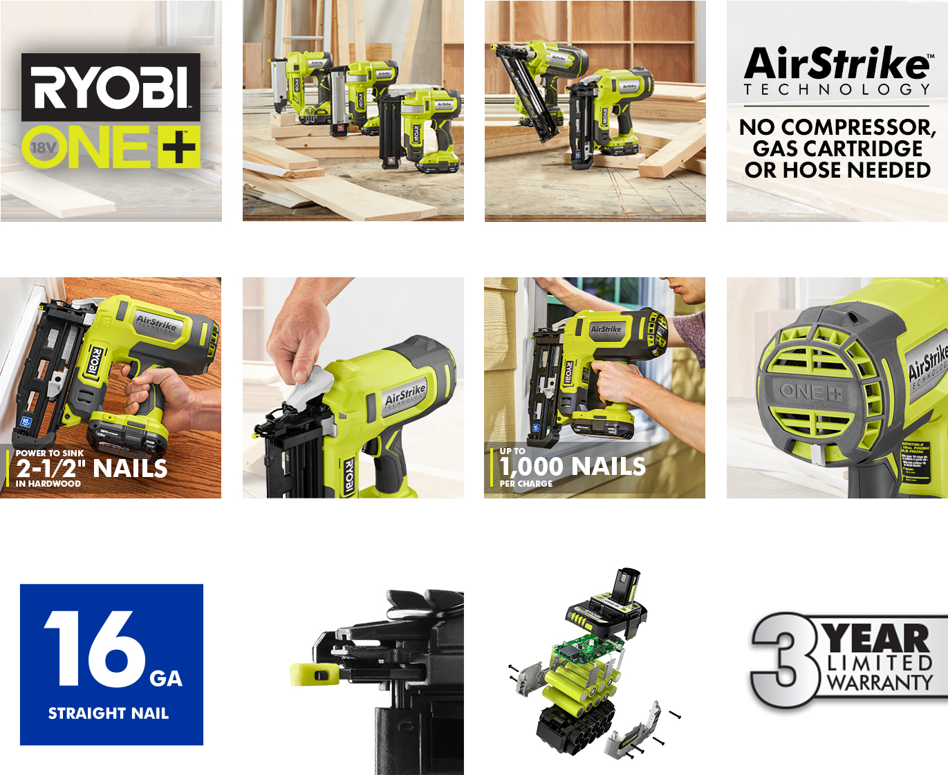 Ryobi AirStriker Nailer Rich Content Example of 12 images in a grid, for Home Depot's website