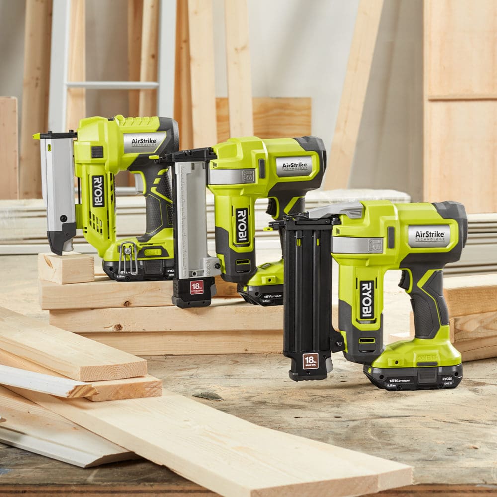 Ryobi AirStrike Nailers shown on a construction site, as an example of rich content for Home Depot's website
