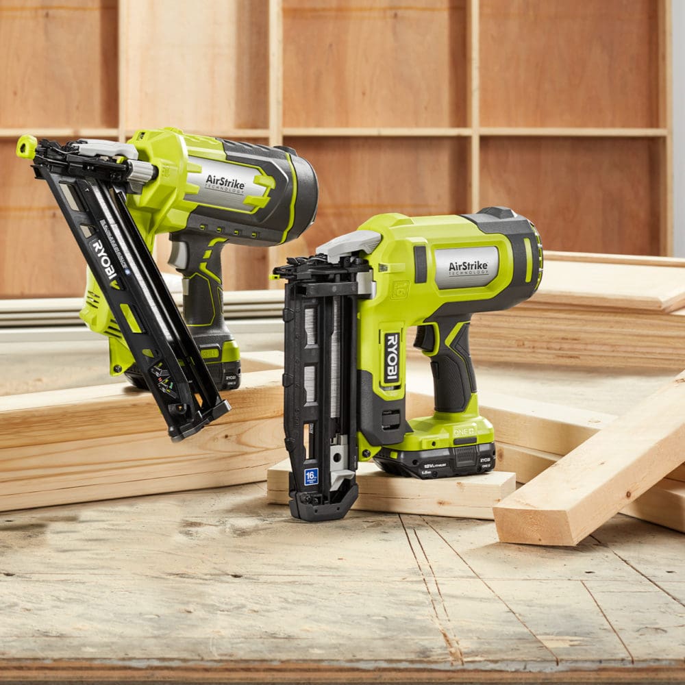 Ryobi AirStrike Nailers shown on a construction site, as an example of rich content for Home Depot's website