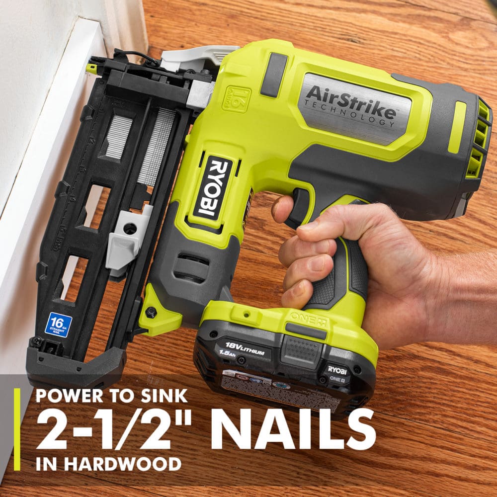 Ryobi air nailer being used to install floor trim with text "Power to Sink 2-1/2" Nails in Hardwood", as an example of rich content for Home Depot's website