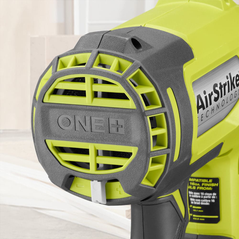 A closeup image of the depth gauge of an air nailer, as an example of rich content for Home Depot's website