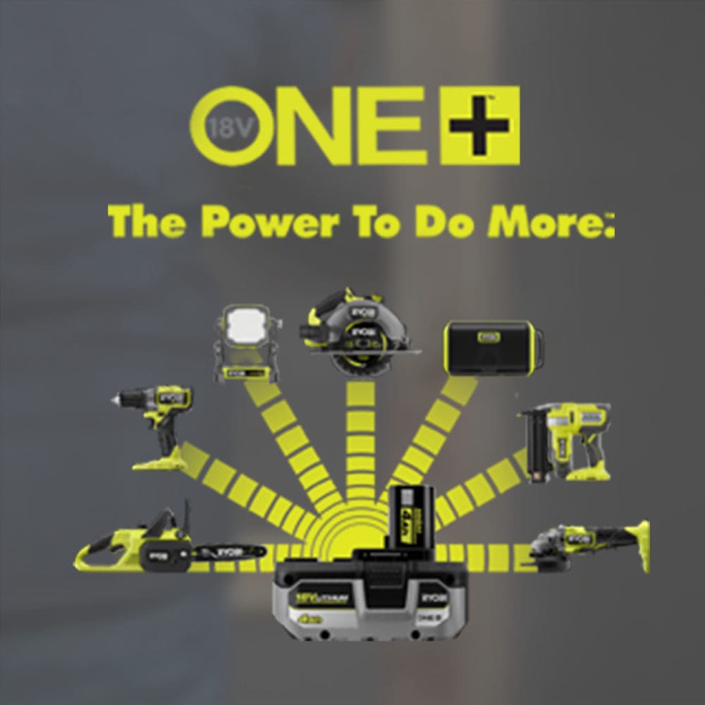 Ryobi graphic of 18 volt battery connected to 7 tools, implying all of the tools work with the battery, as an example of rich content for Home Depot's website