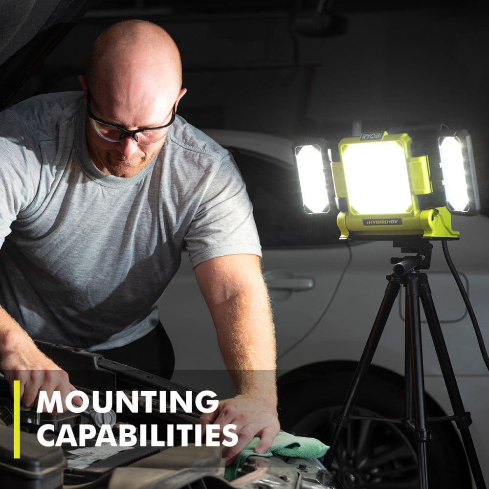 Image of man working on car in a dark room that is being lit by a Ryobi light. The words "Mounting Capabilities" appears on the image., as an example of rich content for Home Depot's website